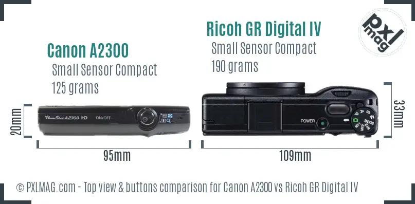 Canon A2300 vs Ricoh GR Digital IV top view buttons comparison