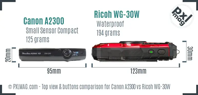 Canon A2300 vs Ricoh WG-30W top view buttons comparison Canon A2300 vs Ricoh WG-30W top view buttons comparison