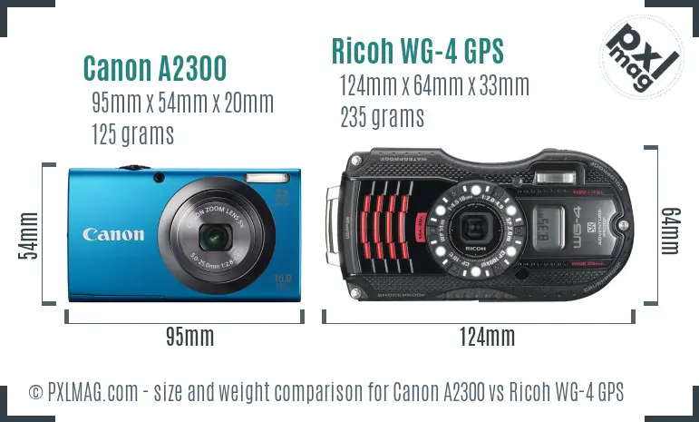 Canon A2300 vs Ricoh WG-4 GPS size comparison