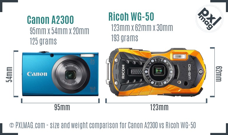 Canon A2300 vs Ricoh WG-50 size comparison