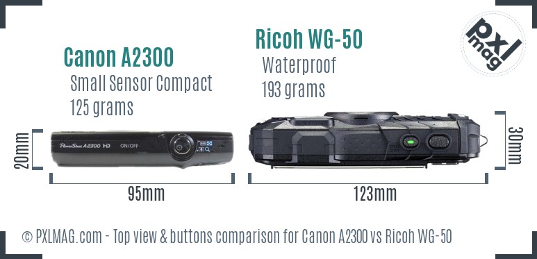Canon A2300 vs Ricoh WG-50 top view buttons comparison