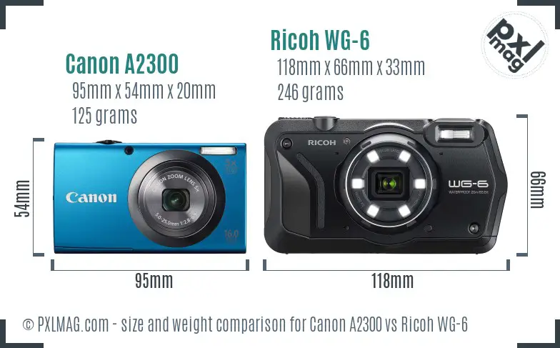 Canon A2300 vs Ricoh WG-6 size comparison