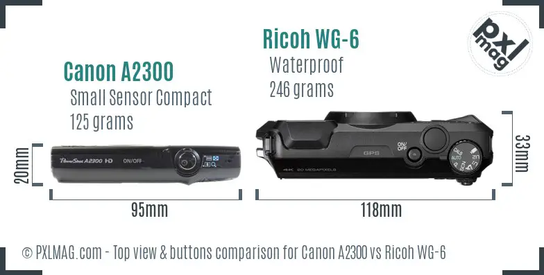 Canon A2300 vs Ricoh WG-6 top view buttons comparison