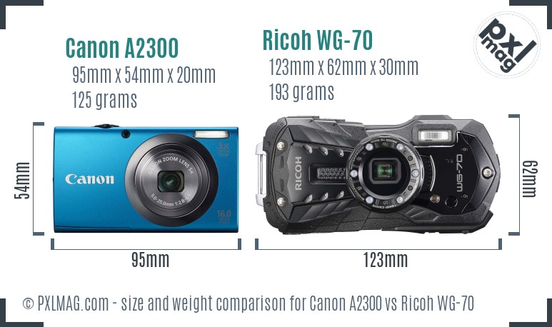 Canon A2300 vs Ricoh WG-70 size comparison