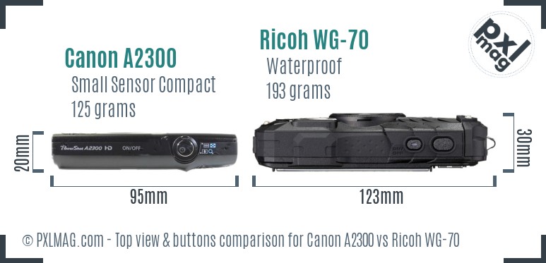 Canon A2300 vs Ricoh WG-70 top view buttons comparison