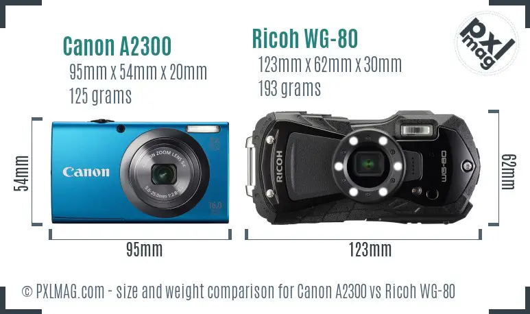 Canon A2300 vs Ricoh WG-80 size comparison