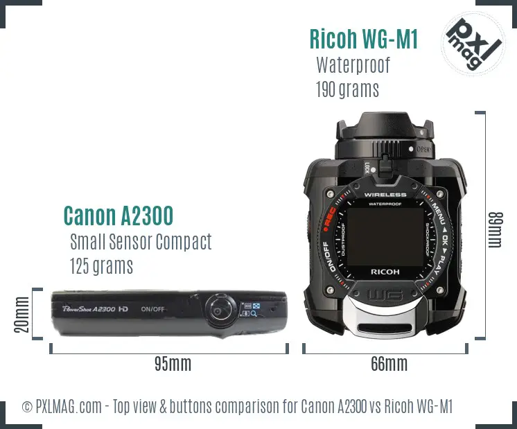 Canon A2300 vs Ricoh WG-M1 top view buttons comparison Canon A2300 vs Ricoh WG-M1 top view buttons comparison