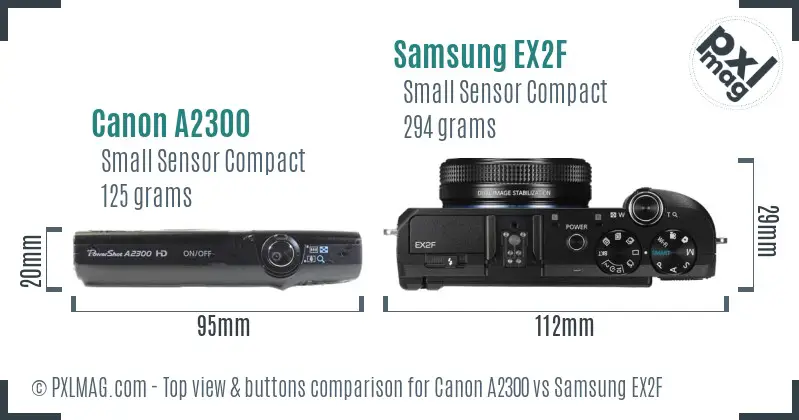Canon A2300 vs Samsung EX2F top view buttons comparison