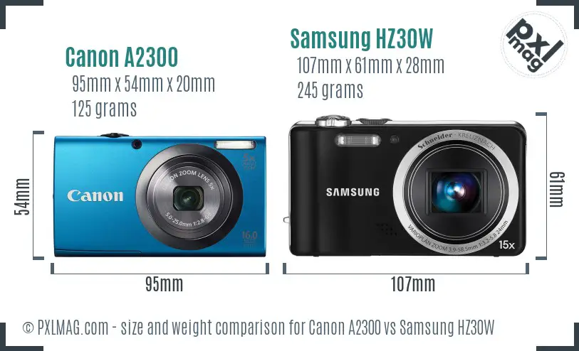 Canon A2300 vs Samsung HZ30W size comparison