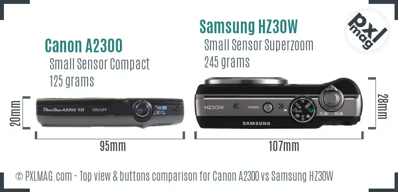 Canon A2300 vs Samsung HZ30W top view buttons comparison