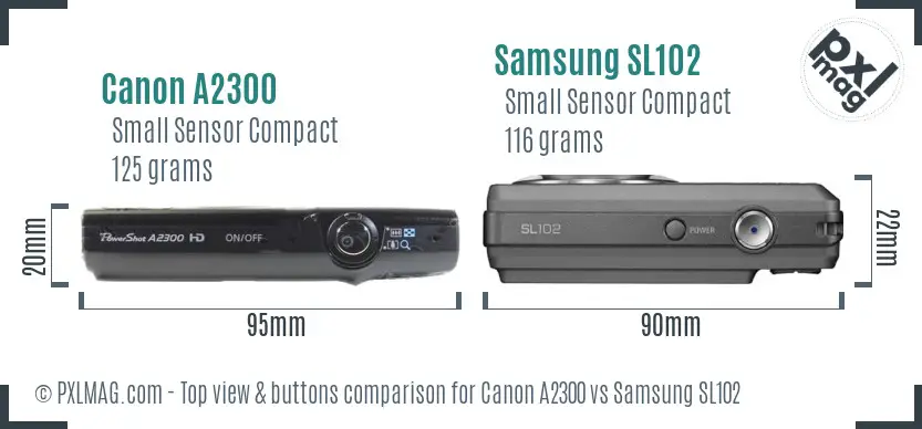 Canon A2300 vs Samsung SL102 top view buttons comparison