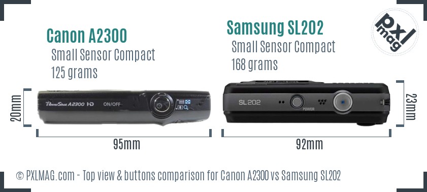 Canon A2300 vs Samsung SL202 top view buttons comparison