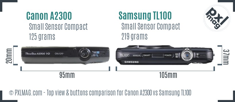 Canon A2300 vs Samsung TL100 top view buttons comparison