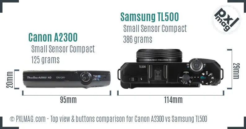 Canon A2300 vs Samsung TL500 top view buttons comparison Canon A2300 vs Samsung TL500 top view buttons comparison