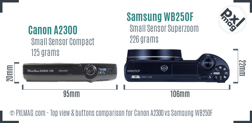 Canon A2300 vs Samsung WB250F top view buttons comparison
