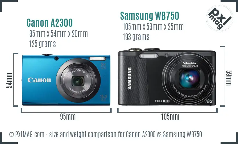 Canon A2300 vs Samsung WB750 size comparison Canon A2300 vs Samsung WB750 size comparison