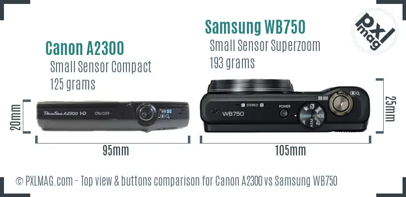 Canon A2300 vs Samsung WB750 top view buttons comparison Canon A2300 vs Samsung WB750 top view buttons comparison