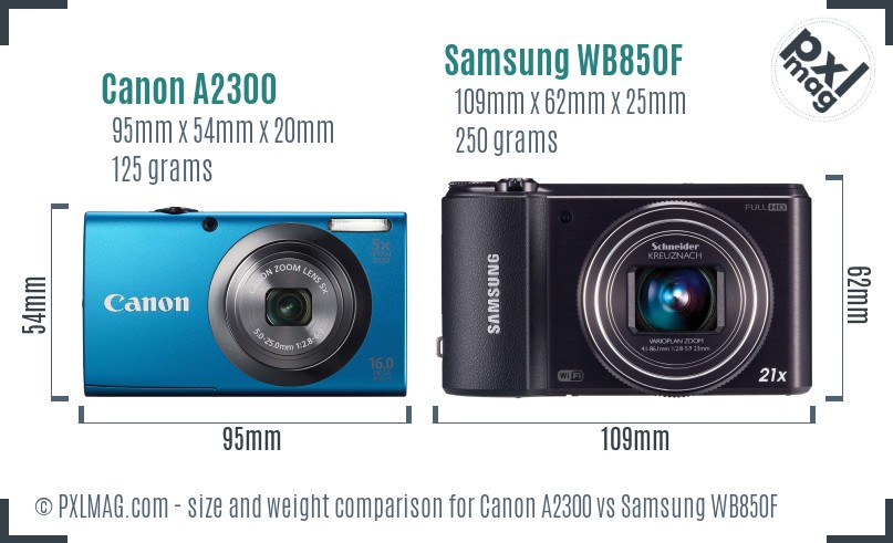 Canon A2300 vs Samsung WB850F size comparison