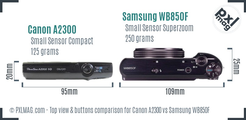 Canon A2300 vs Samsung WB850F top view buttons comparison
