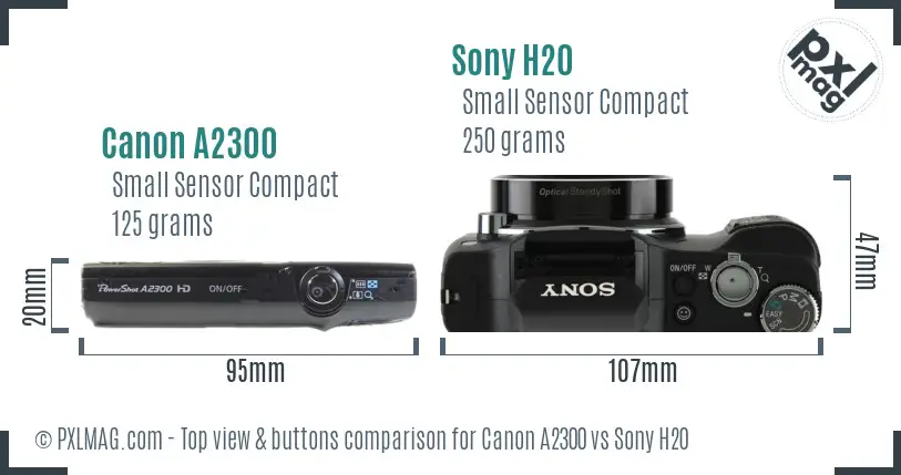 Canon A2300 vs Sony H20 top view buttons comparison Canon A2300 vs Sony H20 top view buttons comparison