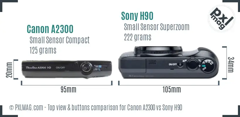 Canon A2300 vs Sony H90 top view buttons comparison