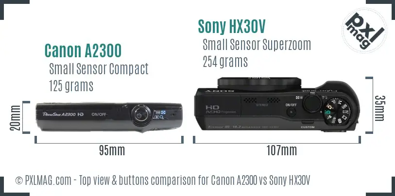 Canon A2300 vs Sony HX30V top view buttons comparison Canon A2300 vs Sony HX30V top view buttons comparison