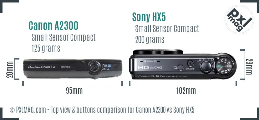 Canon A2300 vs Sony HX5 top view buttons comparison