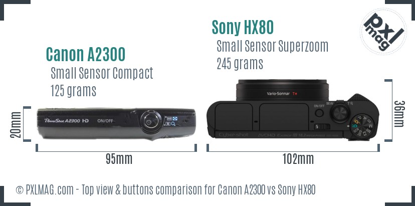 Canon A2300 vs Sony HX80 top view buttons comparison