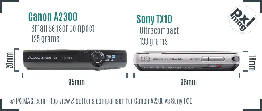 Canon A2300 vs Sony TX10 top view buttons comparison