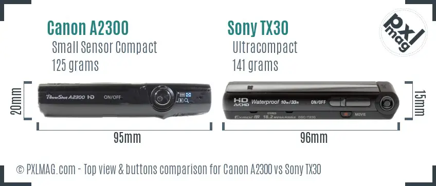 Canon A2300 vs Sony TX30 top view buttons comparison