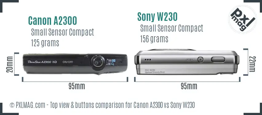 Canon A2300 vs Sony W230 top view buttons comparison Canon A2300 vs Sony W230 top view buttons comparison