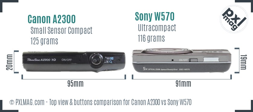 Canon A2300 vs Sony W570 top view buttons comparison