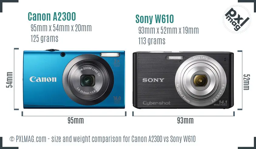 Canon A2300 vs Sony W610 size comparison