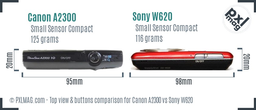 Canon A2300 vs Sony W620 top view buttons comparison