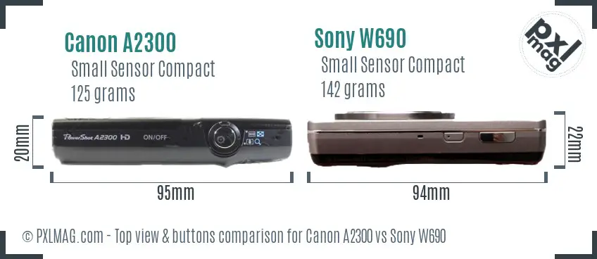 Canon A2300 vs Sony W690 top view buttons comparison Canon A2300 vs Sony W690 top view buttons comparison