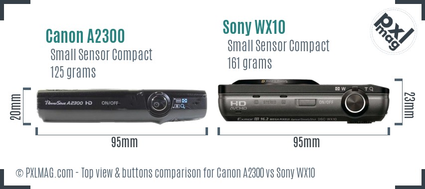 Canon A2300 vs Sony WX10 top view buttons comparison