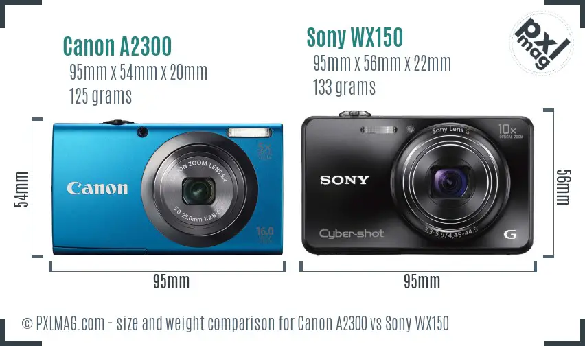 Canon A2300 vs Sony WX150 size comparison