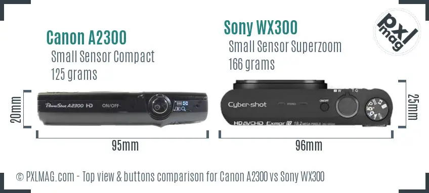Canon A2300 vs Sony WX300 top view buttons comparison Canon A2300 vs Sony WX300 top view buttons comparison