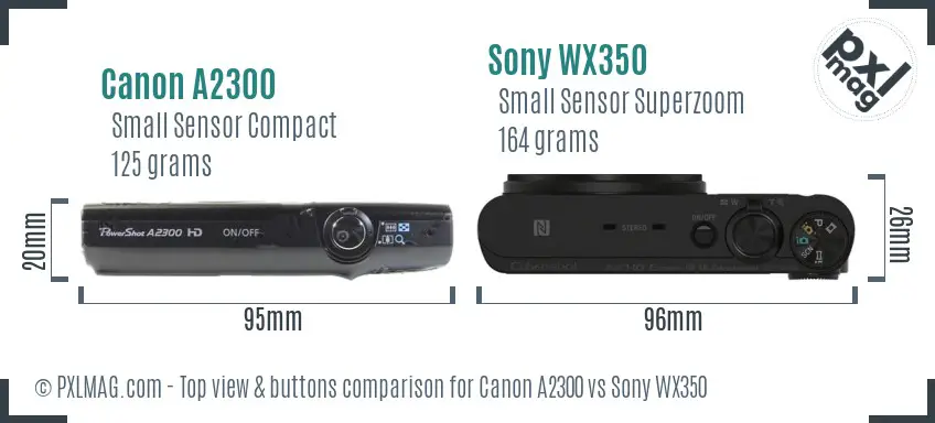 Canon A2300 vs Sony WX350 top view buttons comparison