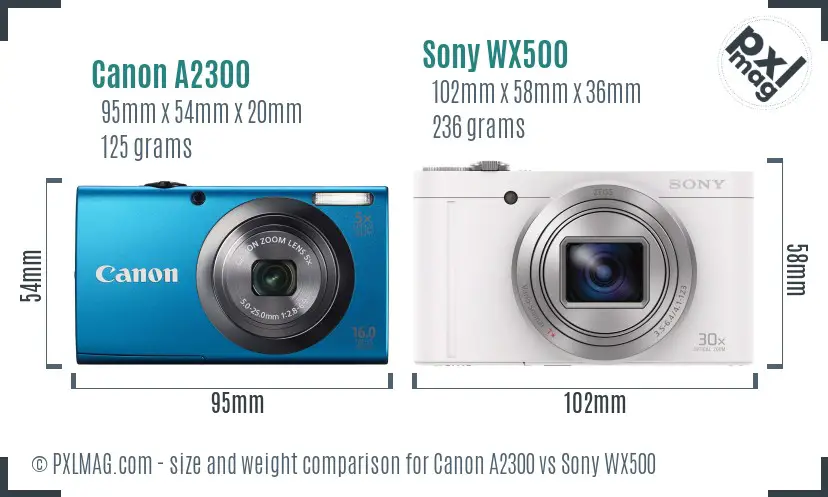 Canon A2300 vs Sony WX500 size comparison