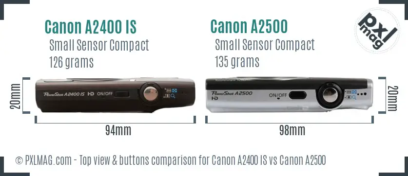 Canon A2400 IS vs Canon A2500 top view buttons comparison