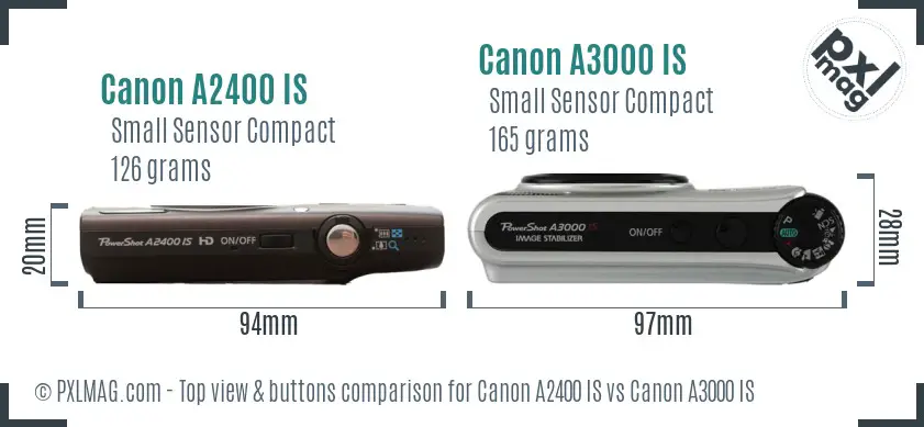 Canon A2400 IS vs Canon A3000 IS top view buttons comparison