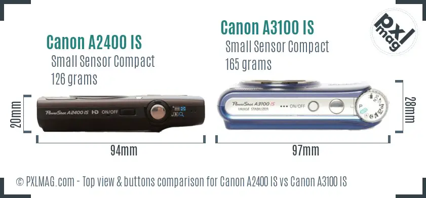 Canon A2400 IS vs Canon A3100 IS top view buttons comparison