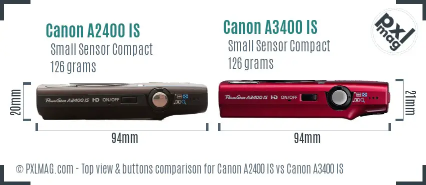 Canon A2400 IS vs Canon A3400 IS top view buttons comparison