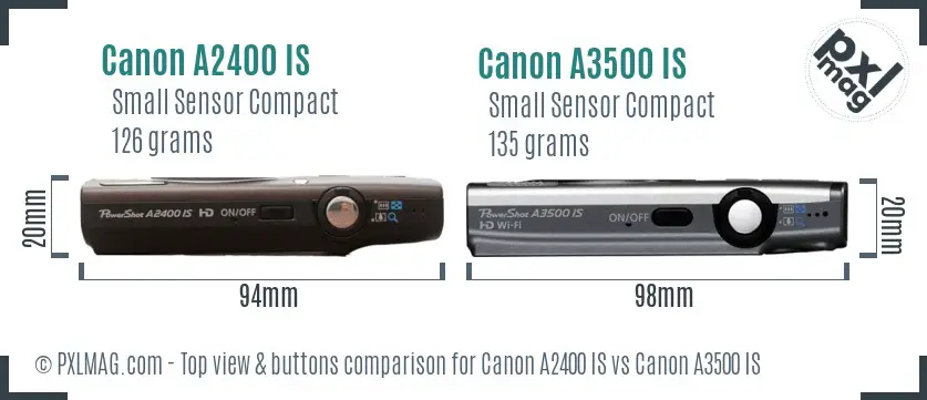 Canon A2400 IS vs Canon A3500 IS top view buttons comparison