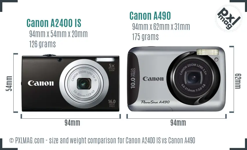 Canon A2400 IS vs Canon A490 size comparison