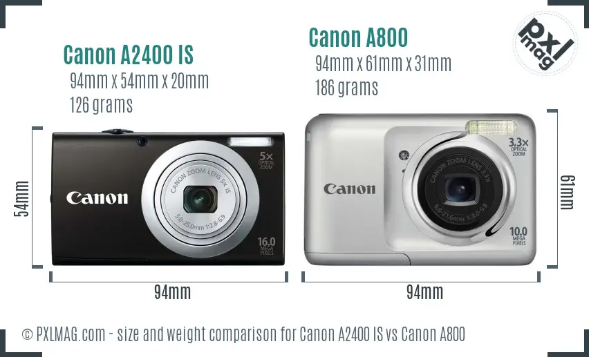 Canon A2400 IS vs Canon A800 size comparison