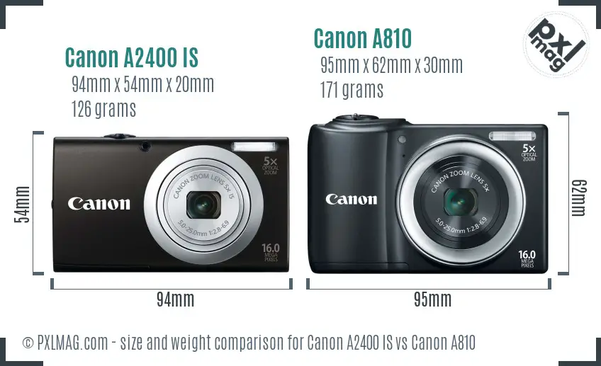 Canon A2400 IS vs Canon A810 size comparison