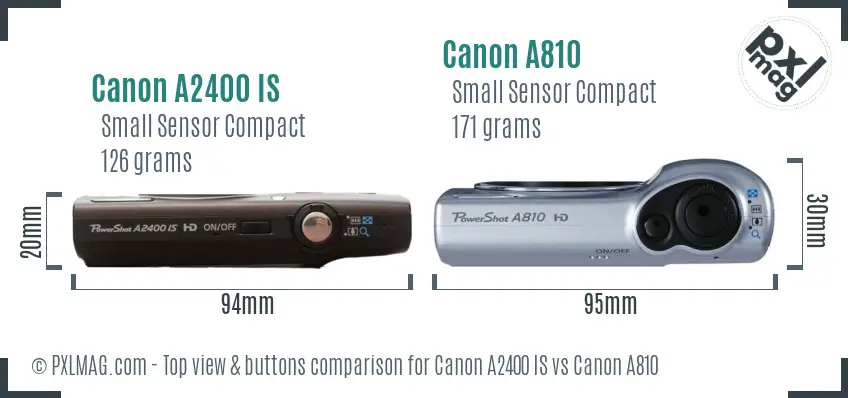 Canon A2400 IS vs Canon A810 top view buttons comparison