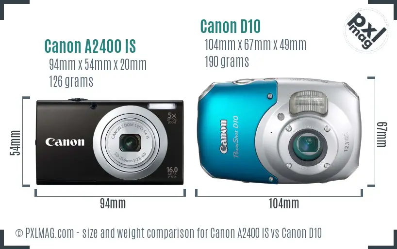 Canon A2400 IS vs Canon D10 size comparison